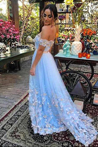 Daily Deals Elegant Off the Shoulder Sky Blue Long Prom Dress with Appliques