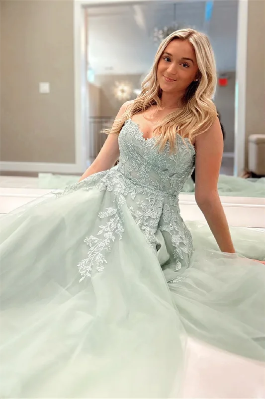 Online Specials Dusty Sage Lace-Up Strapless Appliques Tulle Long Prom Dress with Slit