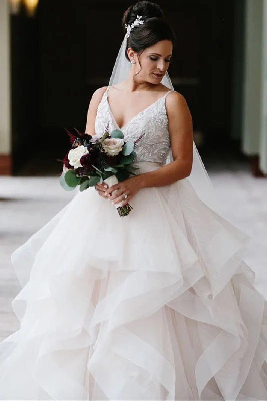 TIME-Limited Offer V-Neck Cascading Ruffles Off White Wedding Dress with Lace