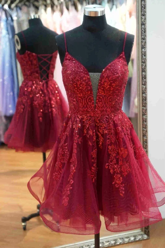 Price Rollback Burgundy Plunging Neck Straps Appliques Short Party Dress