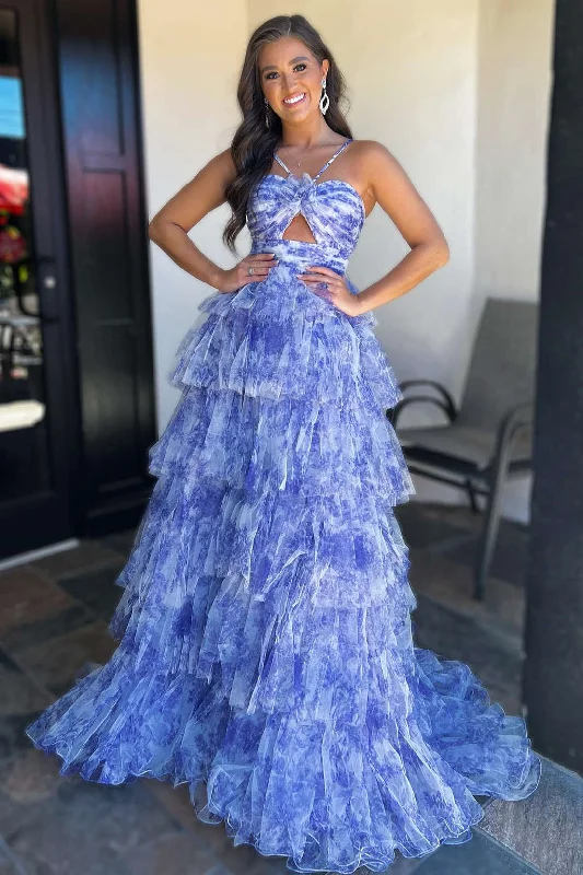 Friends and Family Sale Straps Blue Floral Print Keyhole Ruffle A-line Long Prom Dress