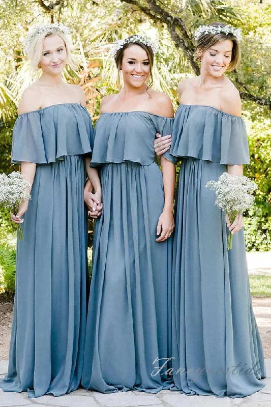 Best Bargains Dusty Blue Chiffon Long Bridesmaid Dress with Off Shoulder