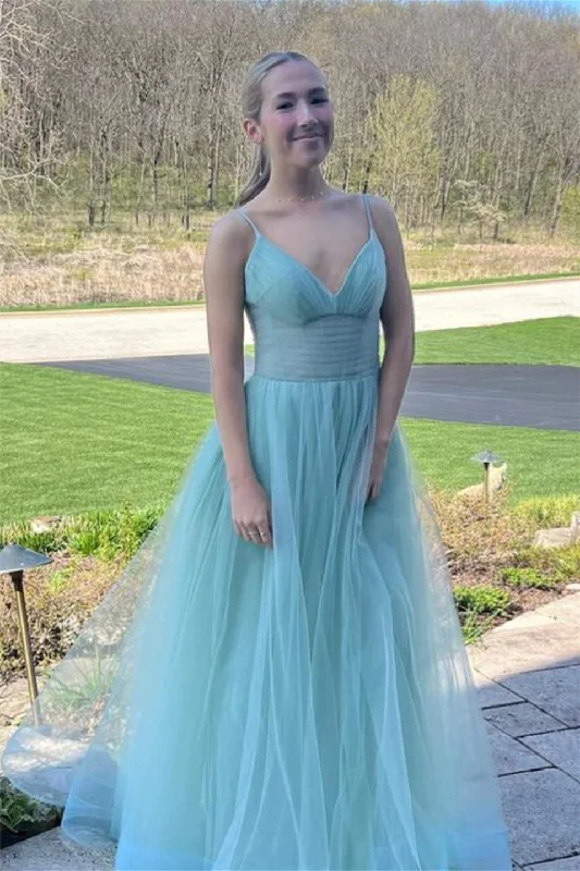 Markdowns Dusty Sage Tulle Plunging V Straps Long Prom Dress