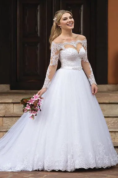 Steals and Deals Princess Long Sleeves Off Shoulder White Wedding Dress with Lace