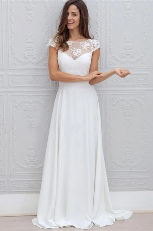 Super Savings Cap Sleeves A-line White Wedding Dress with Lace Top