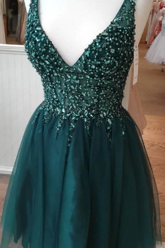 Act Fast V-Neck Beaded Dark Green Homecoming Dress
