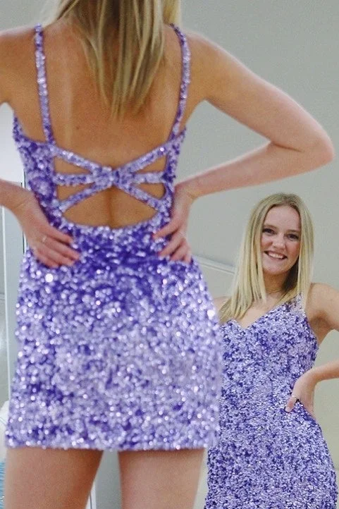 Major Savings Glitter Tight V-Neck Lavender Sequined Homecoming Dress