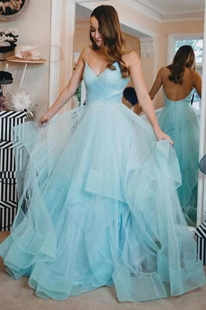 Loyalty Reward Open Back Glittering Light Blue Long Prom Dress with Ruffles