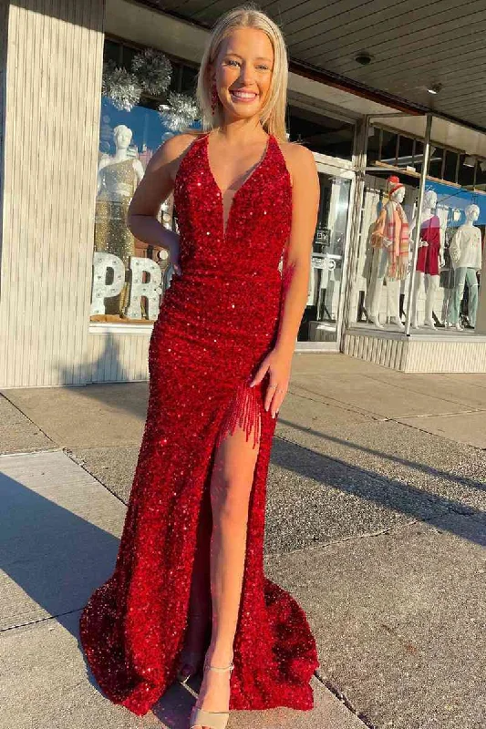 Deal of the Day Red Halter Sequins Long Prom Dress with Tassel