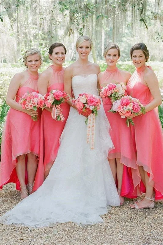 Amazing Deals Halter Coral High Low Bridesmaid Dress