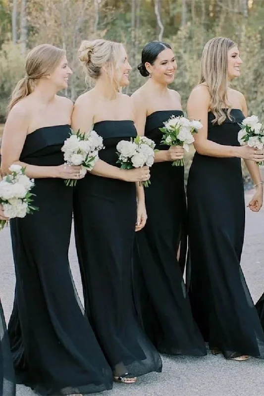Daily Deals Strapless Black Chiffon Long Bridesmaid Dress with Slit