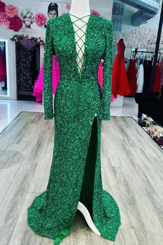 Can't Miss Mermaid Lace-Up Neck Long Sleeves Sequins Prom Dress with Slit