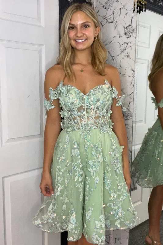 Price Drop A-Line Off the Shoulder Sage Green Short Homecoming Dress with Appliques Price Drop A-Line Off the Shoulder Sage Green Short Homecoming Dress with Appliques