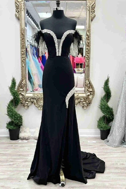 Midnight Madness Black Feather Off-the-Shoulder Beaded Mermaid Prom Dress