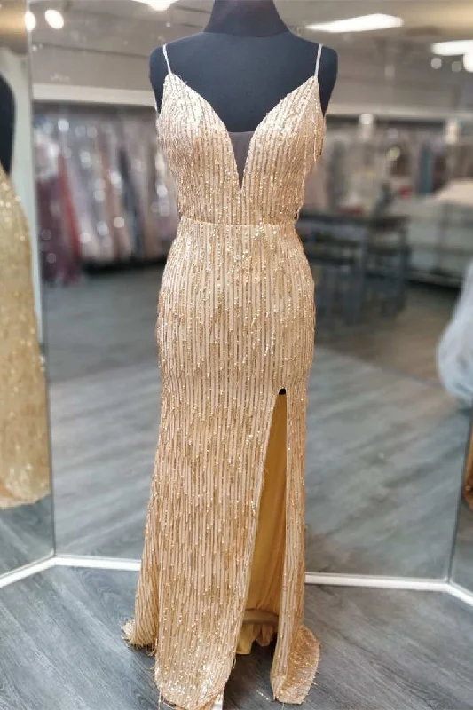 Quick Sale Glitter Gold Sequined Prom Dress with Slit