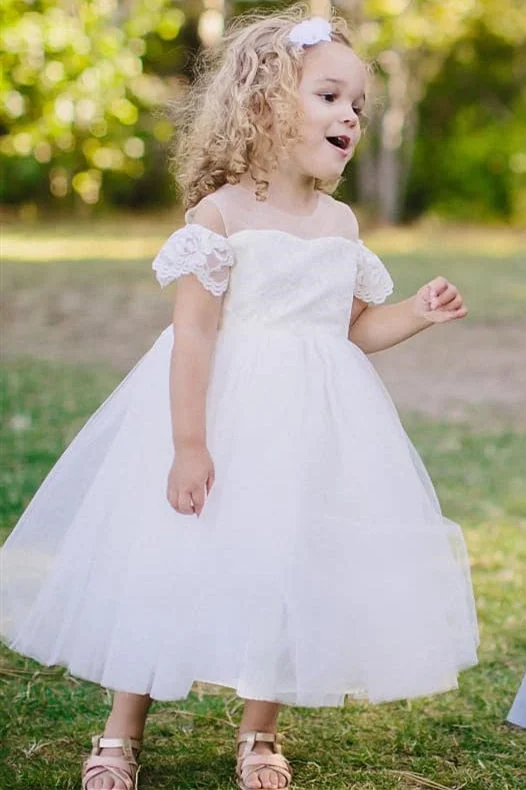 Massive Deals Cute Lace Sleeves Jewel Neck White Flower Girl Dress