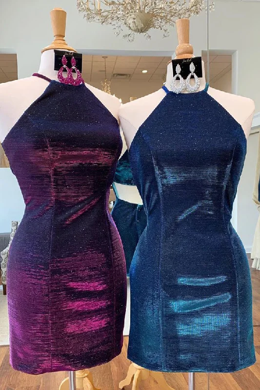Exclusive Savings Halter Sheath Velvet Plum Purple Homecoming Dress
