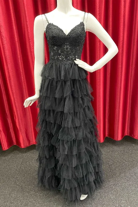 Weekend Special Black V Neck Straps Beaded Appliques Multi-Layers Keyhole Long Prom Dress Weekend Special Black V Neck Straps Beaded Appliques Multi-Layers Keyhole Long Prom Dress