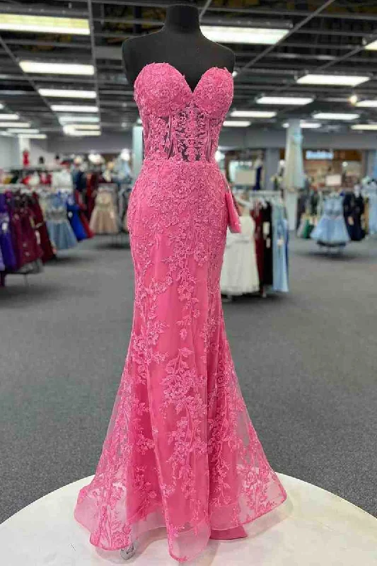 Markdown Madness Mermaid Strapless Hot Pink Corset Appliques Long Formal Dress