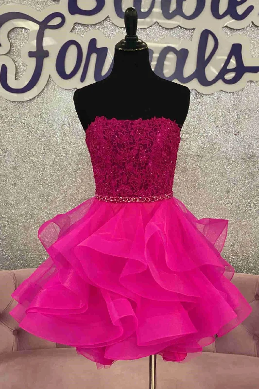 Major Savings Strapless Hot Pink Lace Top Ruffle Short Homecoming Dress