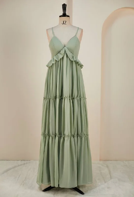New Deals Straps Sage Green Pleated Long Bridesmaid Dress