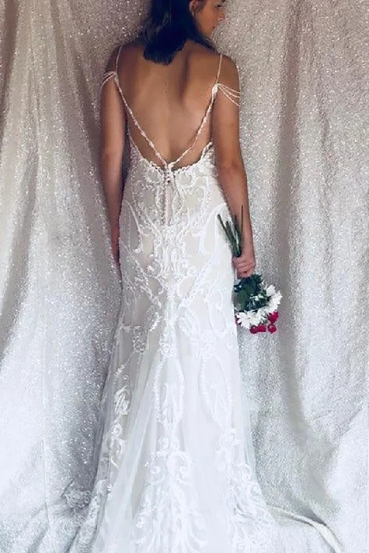 Crazy Deals Long Open Back Mermaid V-Neck Ivory Bridal Dress with Lace