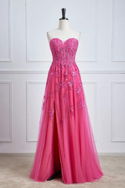 New Arrival Sweetheart Hot Pink Lace Corset Prom Dress with Slit