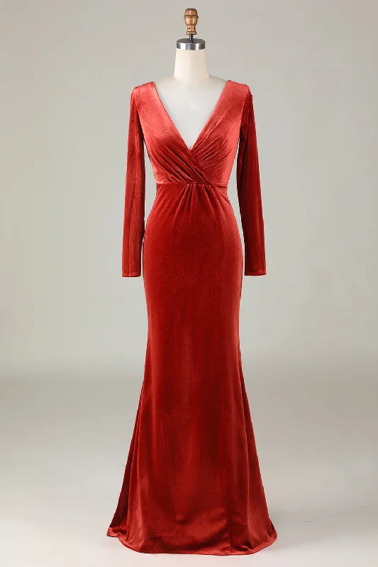 Warehouse Sale Deep V-Neck Terracotta Long Sleeves Mermaid Bridesmaid Dress