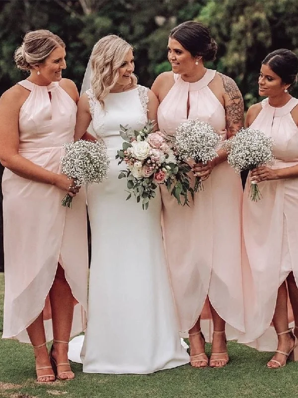 Markdowns Halter Pink Wrap Bridesmaid Dress with Keyhole