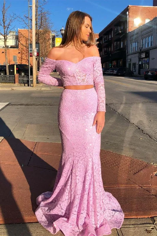 Incredible Offers Off the Shoulder Pink Lace Long Prom Dress