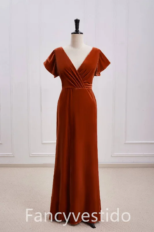 Special Savings V-Neck Rust Orange Velvet Long Bridesmaid Dress