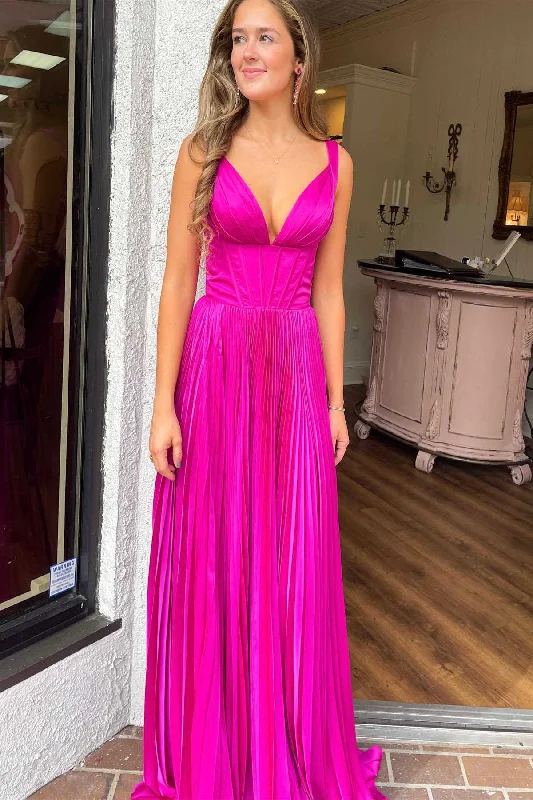 Discount Deals A-Line V-Neck Fuchsia Pleated Long Prom Dress