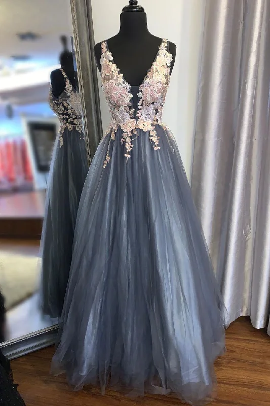 Epic Deals Elegant A-Line Lace Appliques Smoke Blue Long Prom Dress