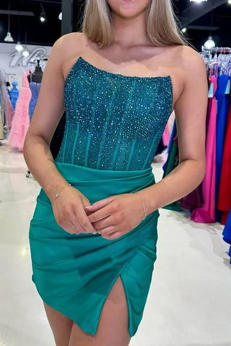 Super Bargain Strapless Green Beaded Homecoming Dress with Slit