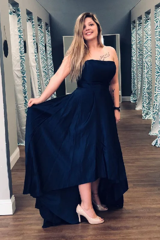 Overstock Strapless High Low Dark Navy Long Prom Dress