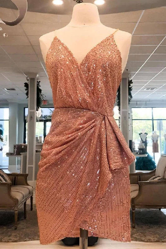 Massive Deals V-Neck Blush Sequined Short Homecoming Dress