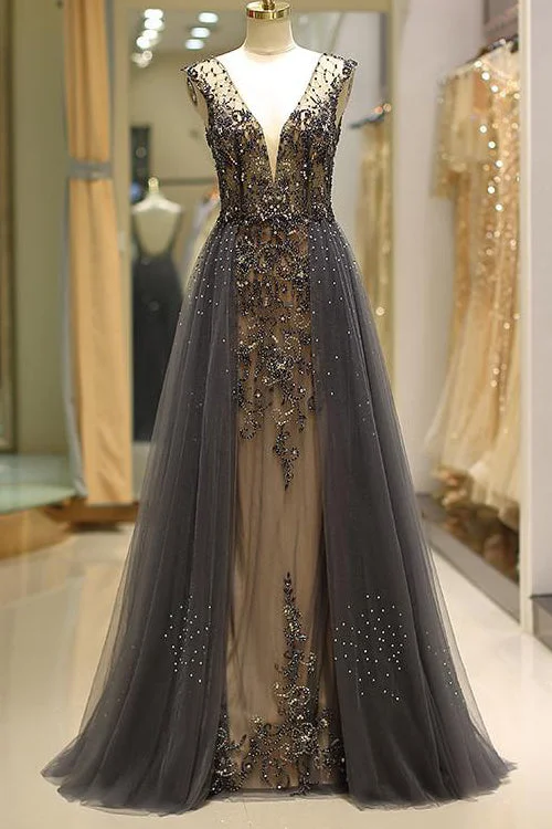 Act Now Plunging Neck Beaded Long Prom Dress with Sheer Back