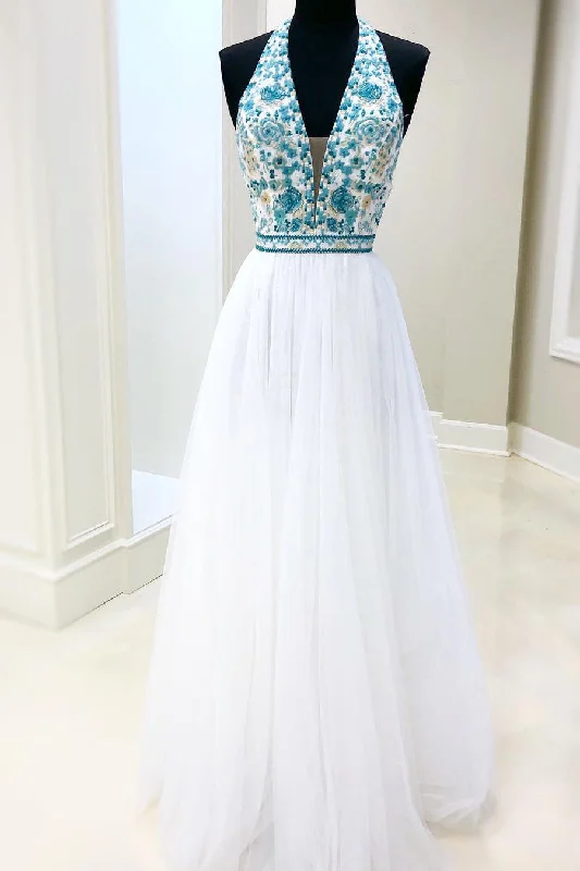 Today’s Deal Floral Embroidery A-Line Halter White Prom Dress