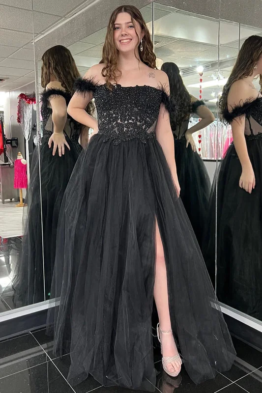 Flash Deals Black Off-the-Shoulder Beaded Appliques Feathers Long Prom Dress with Slit