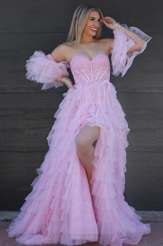 Can't Miss Pink Sweetheart Puff Sleeves Layered Long Prom Dress with Slit