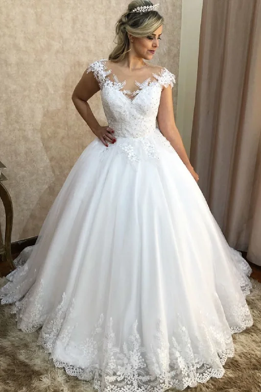 Price Drop Princess Long Cap Sleeves A-line White Wedding Dress with Lace