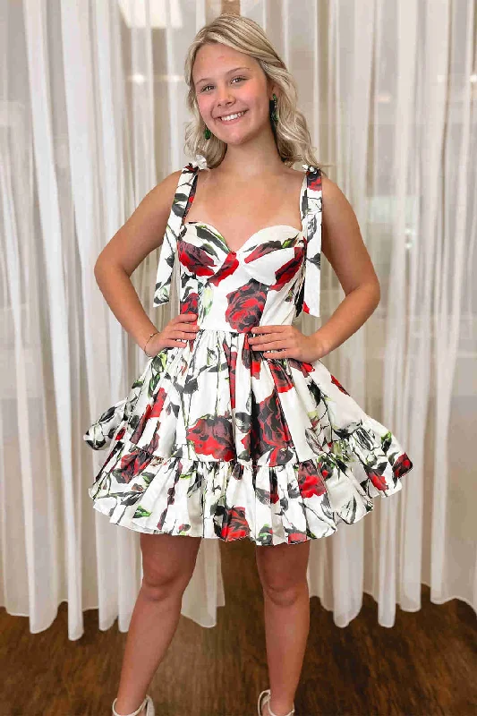 Exclusive Savings Bow Tie Floral Print A-Line Short Homecoming Dress