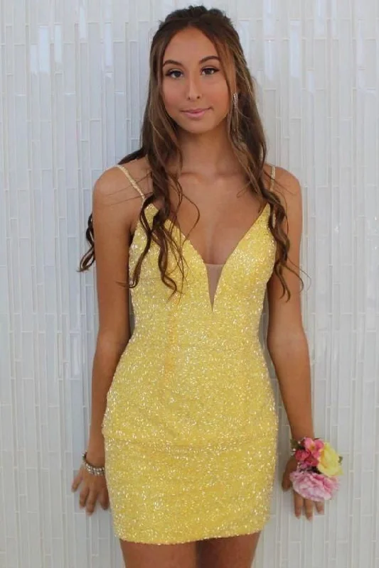 Don't Miss Tight Yellow Beaded Short Homecoming Dress