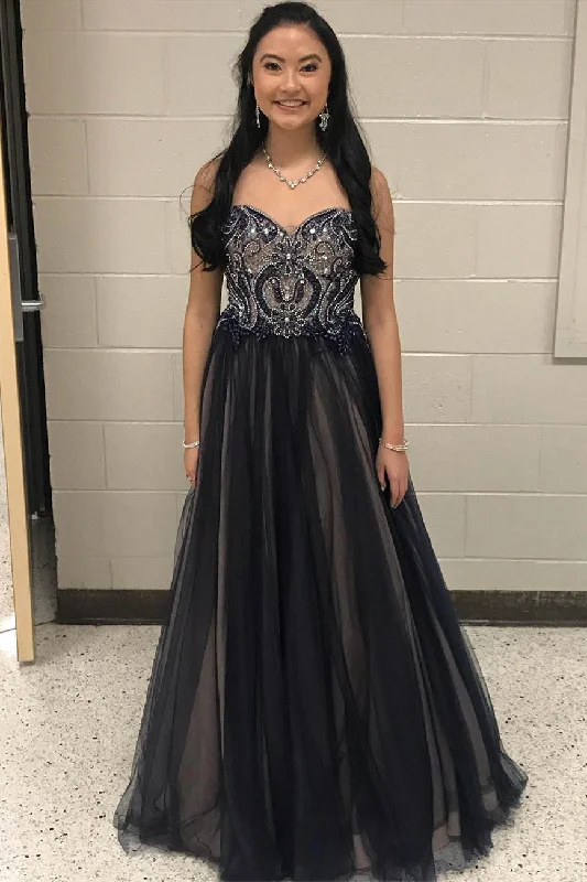 Quick Sale Luxurious Beads Sweetheart Black Long Prom Dress