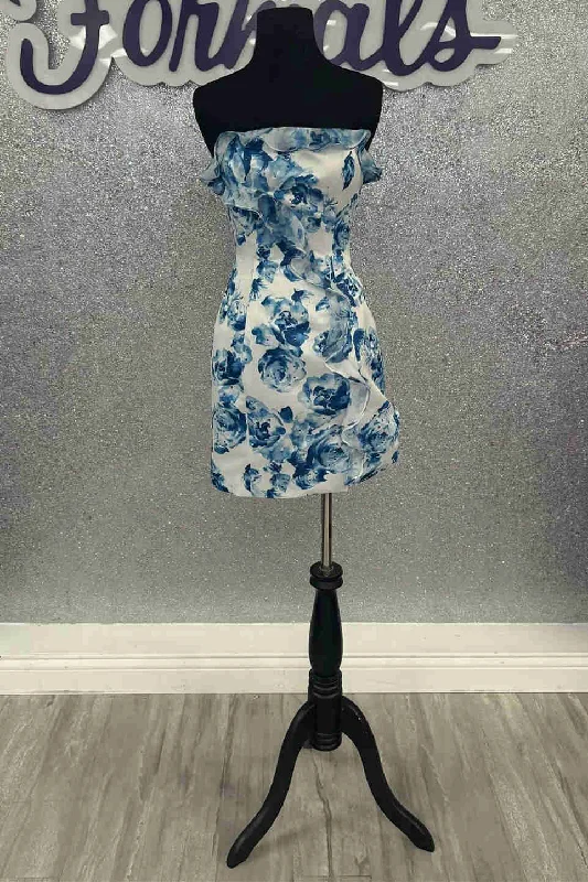 Limited Availability Strapless Blue Floral Print Mini Dress with Ruffles