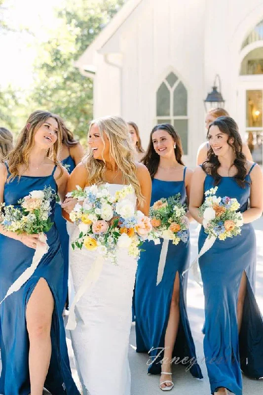 Mega Sale Blue Straps Satin Slit Bridesmaid Dress with Bow