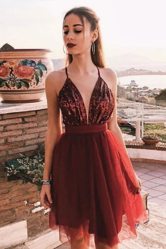 Anniversary Sale Sequins Top Burgundy Homecoming Dress