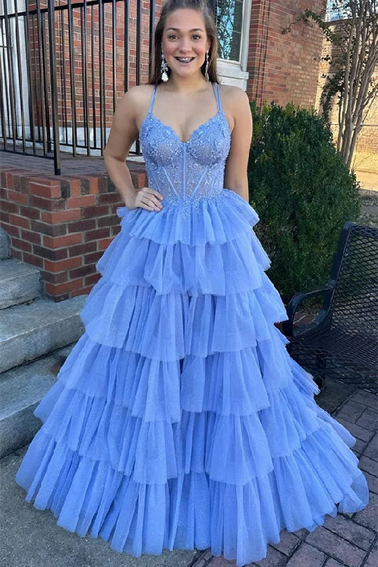 Doorbuster Deal Periwinkle Double Straps Lace Corset Layered Prom Dress