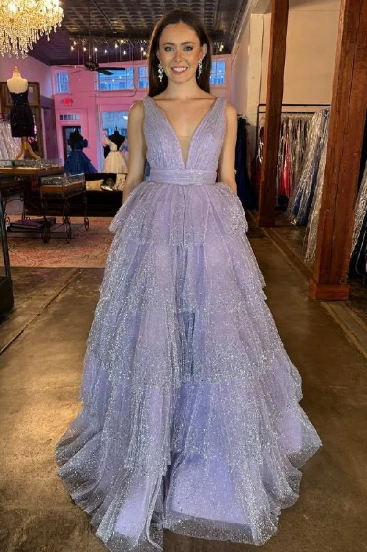 Act Now Lavender V-Neck Sequins Tulle Ruffle Prom Dress