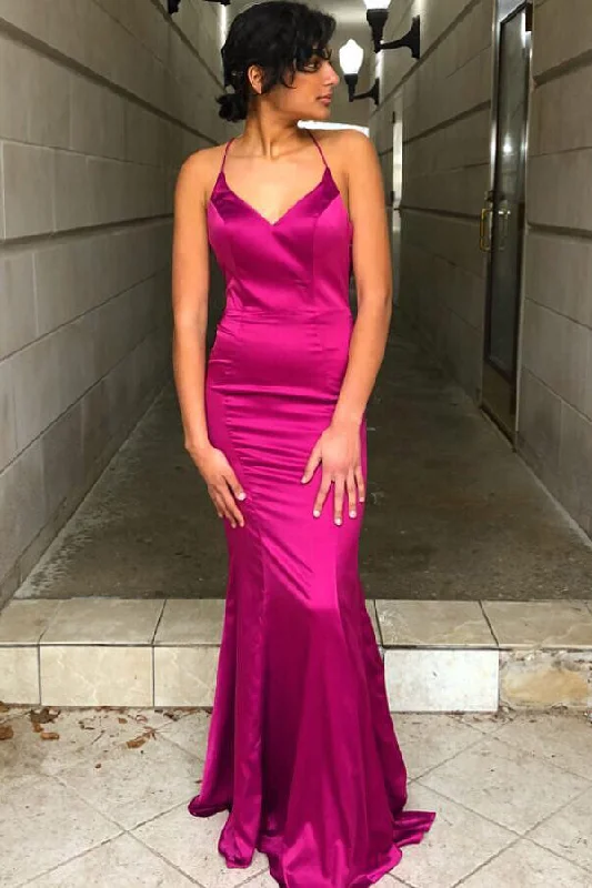 Closeout Sale Spaghetti Straps Cowl Back Mermaid Fuchsia Long Prom Dress